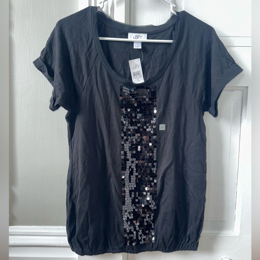 LOFT Black Short Sleeve Tee with Sequin Center Panel